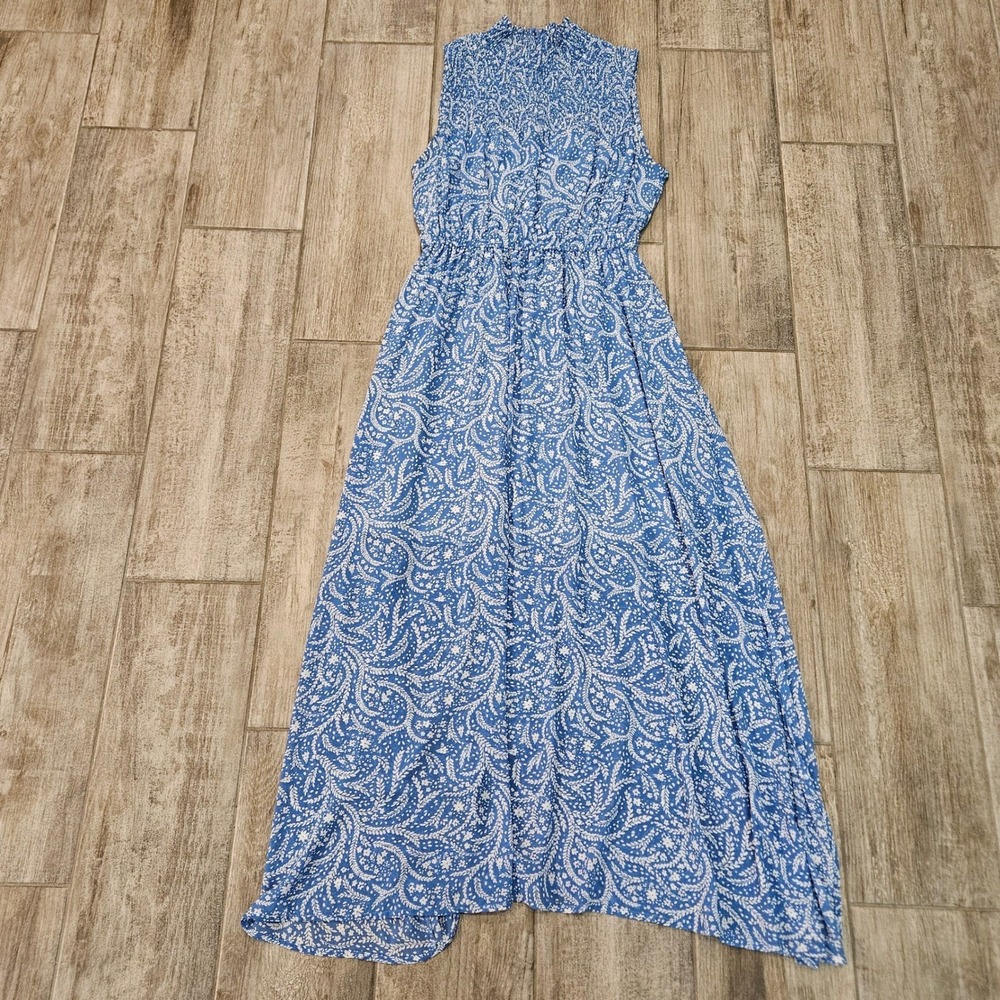 CODE x MODE Paisley Smocked Neck Maxi Dress Womens Size M Blue White Summer Boho